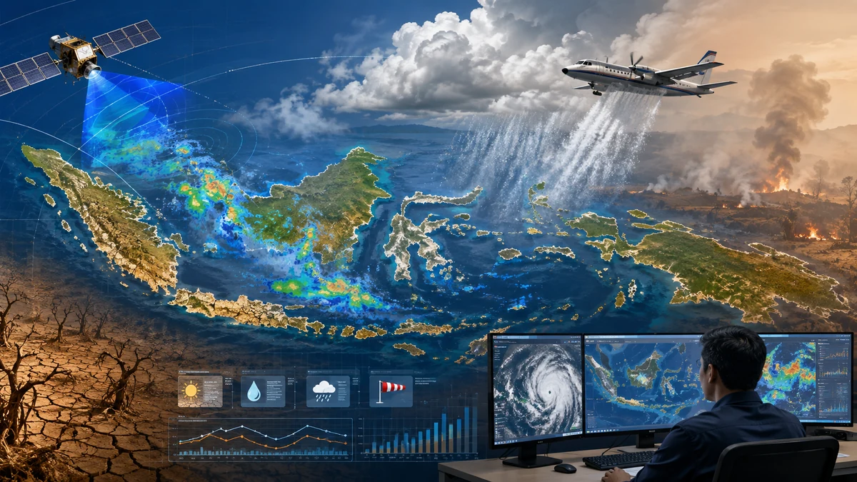 Ilustrasi editorial berbantuan AI tentang pemantauan cuaca, puncak kemarau, risiko kebakaran, dan operasi modifikasi cuaca di Indonesia