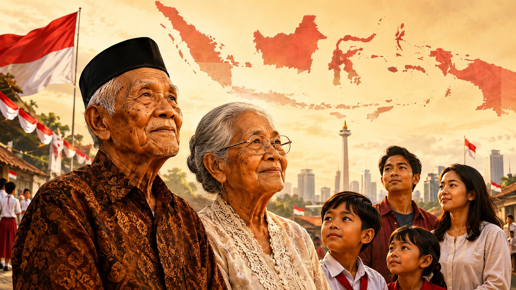 Ilustrasi lintas generasi Indonesia menyambut HUT RI ke-81. Ilustrasi: AI/ChatGPT.