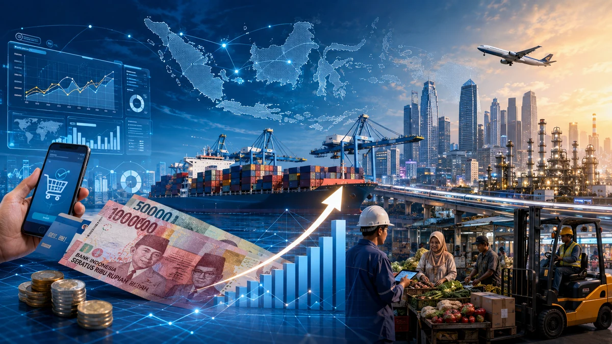 Ilustrasi editorial berbantuan AI tentang inflasi, rupiah, perdagangan, industri, logistik, dan aktivitas ekonomi Indonesia