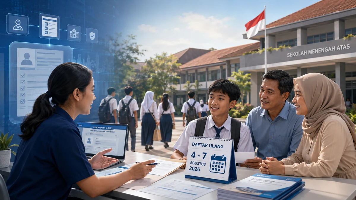 Ilustrasi editorial berbantuan AI tentang siswa dan orang tua melakukan daftar ulang sekolah pada 4 sampai 7 Agustus 2026